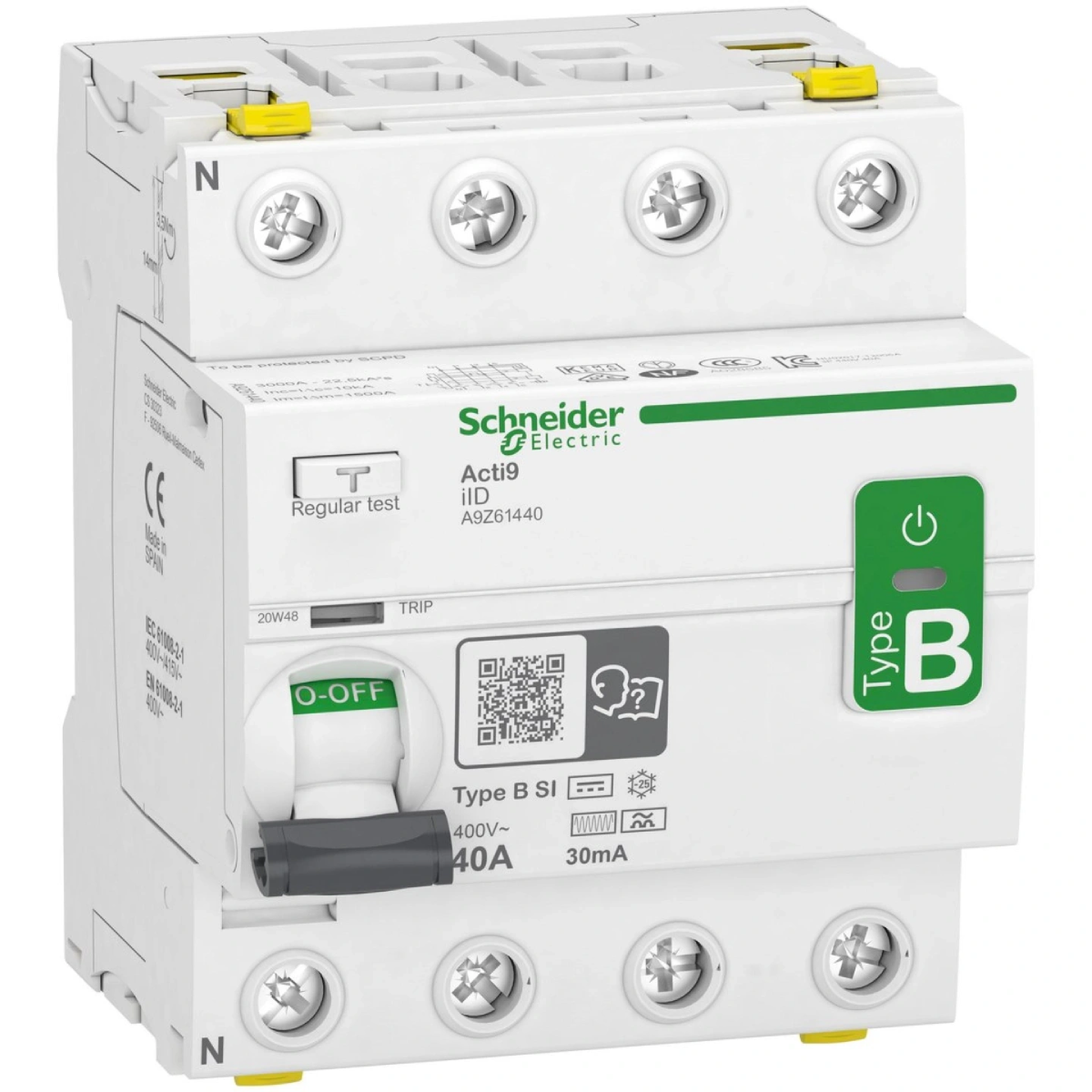 Schneider Acti9 iID B-SI, 63A, 4P, 30mA, type B, fejlstrømsafbryder, A9Z61463