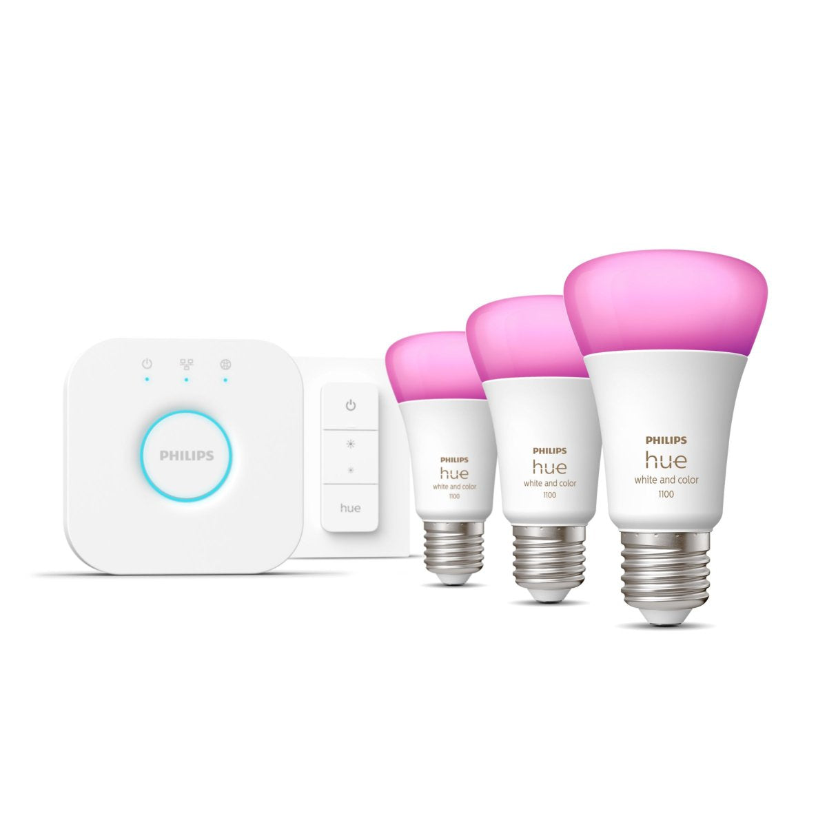 Philips Hue Startkit: Dimmerkontakt + 3-pak E27 LED-pærer + Hue Bridge