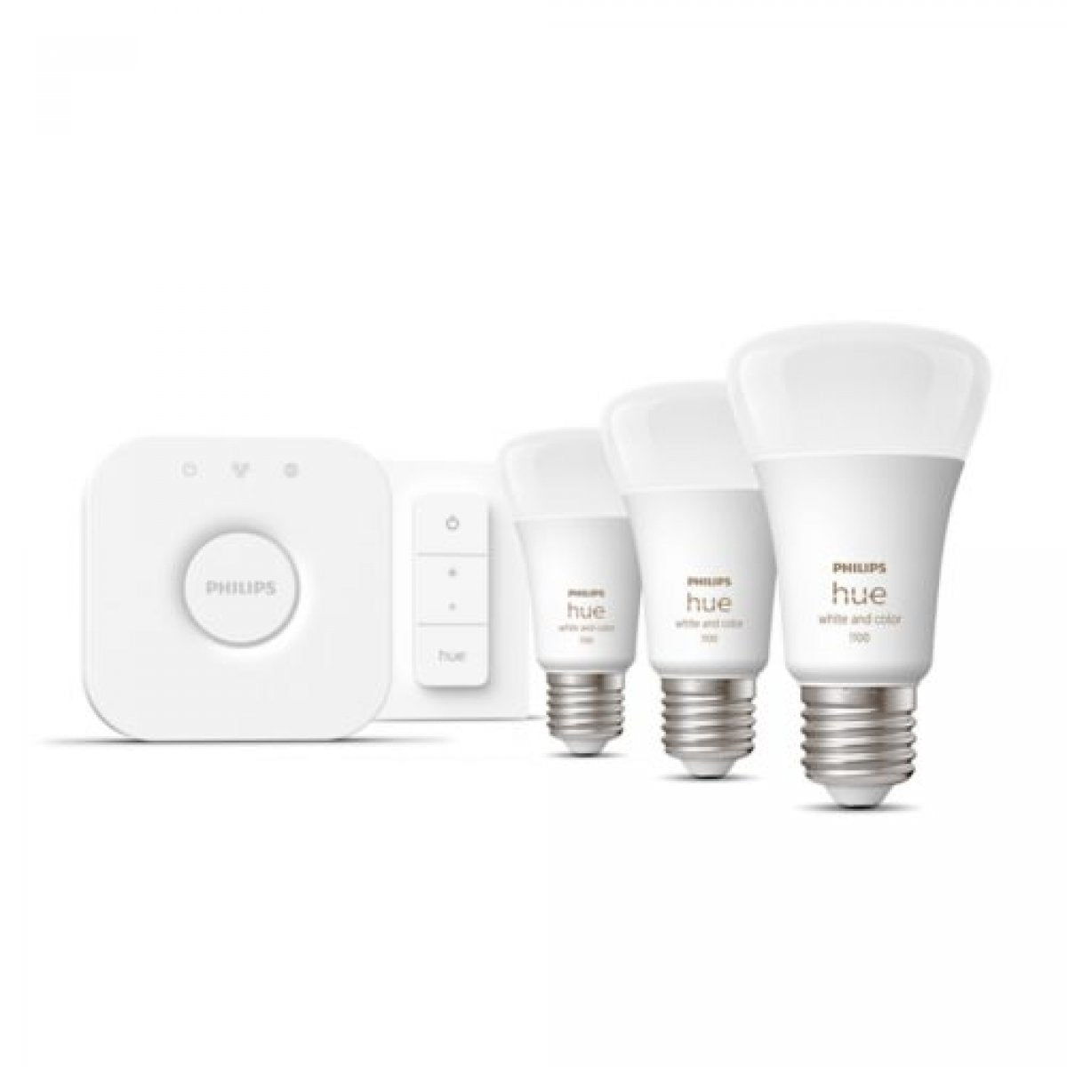 Philips Hue Startkit: Dimmerkontakt + 3-pak E27 LED-pærer + Hue Bridge