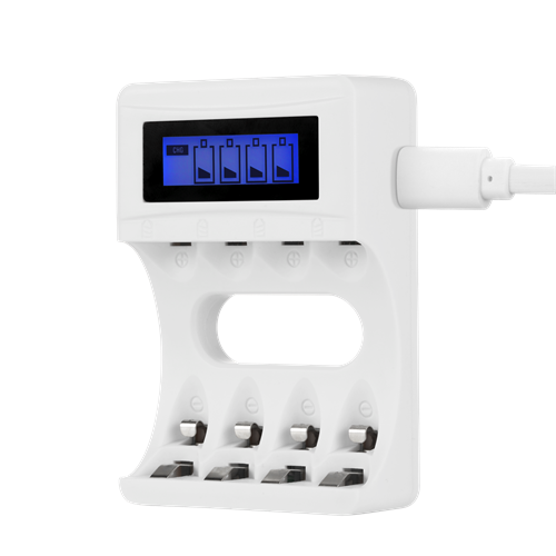 USB Batterioplader, inkl. 4xAA genopladelige batterier, hvid