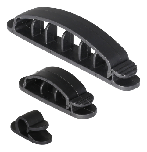 Selvklæbende kabelklammer i plastik, 1/3/6 huller, 10-pakning, sort.