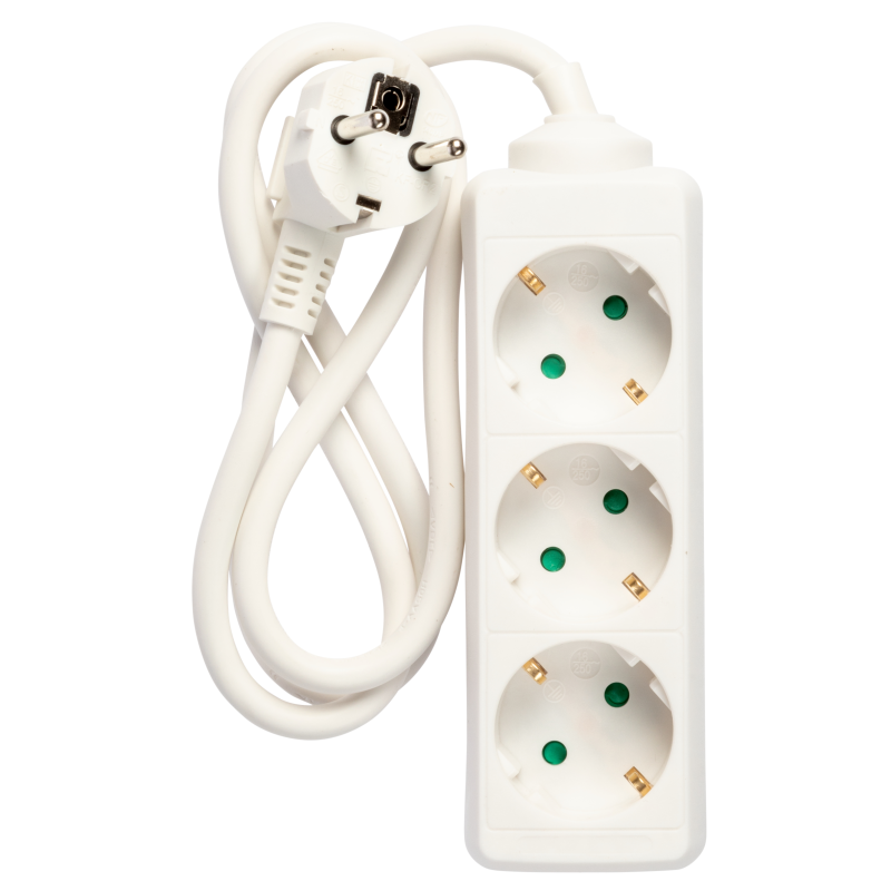 Stikdåse 3-vejs stik m/jord, Schuko, 1m