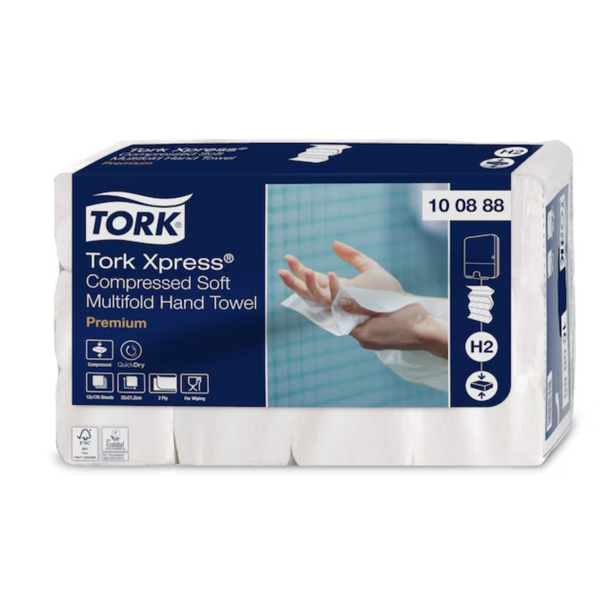 Tork Xpress Multifold Håndklædeark H2, Premium 2-lags, Hvid, 12 pakker á 170 stk. (2040 stk.), 100888