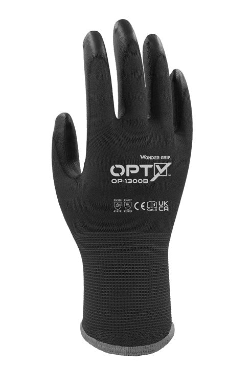 Wonder Grip® Opty™ OP-1300B er vores ultra-tynde PU-beskyttelseshandske. M/8