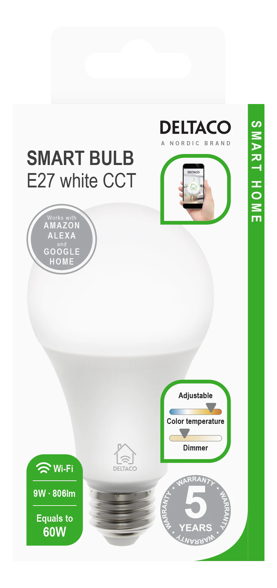 Deltaco LED-lampe, E27, Wi-Fi 2,4GHz, 9W, 806lm, dæmpbar, 2700K-6500K, 220-240V, hvid