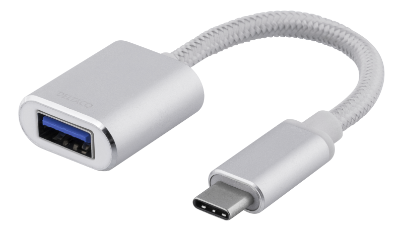 USB-C 3.1 Gen 1 til USB-A OTG-adapter, 3A, aluminium, 0,1 m flettet kabel, sølv
