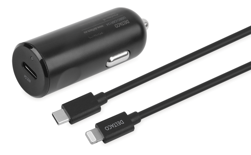 USB Biloplader, 1x USB-C PD 20 W, 1m Lightning kabel