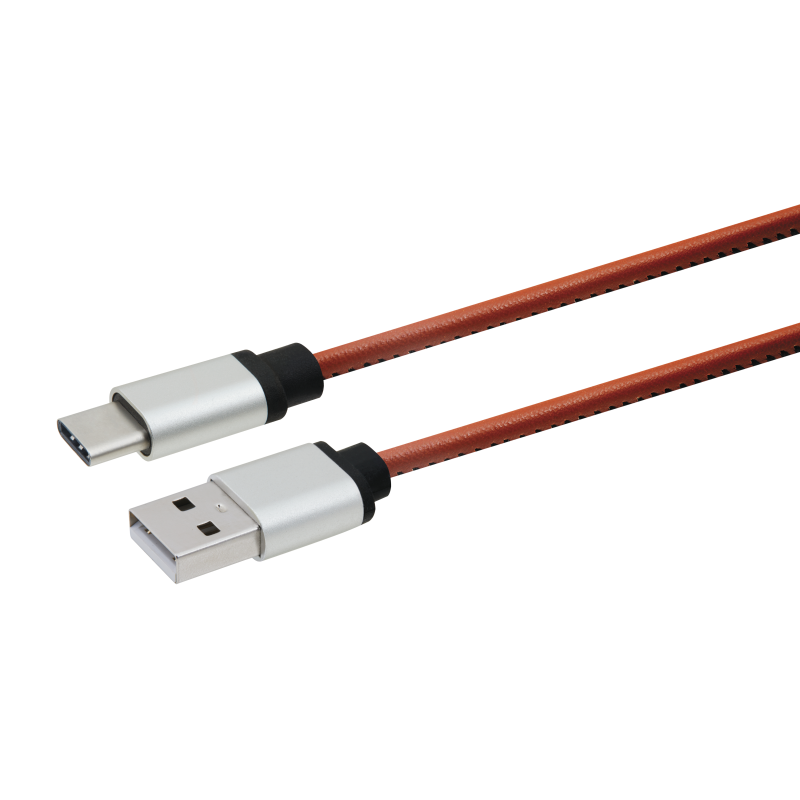 USB-A - USB-C kabel, PU-læder, 1m, brun