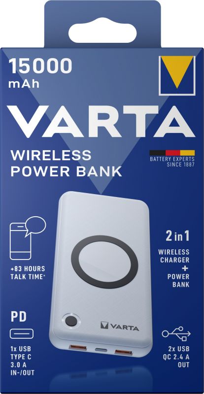 Varta Powerbank, trådløs QI 15000mAh